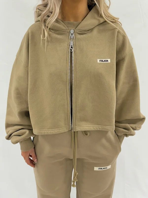 Khaki Brown Core Cropped Zip Hoodie. Dynamic Women's Moto