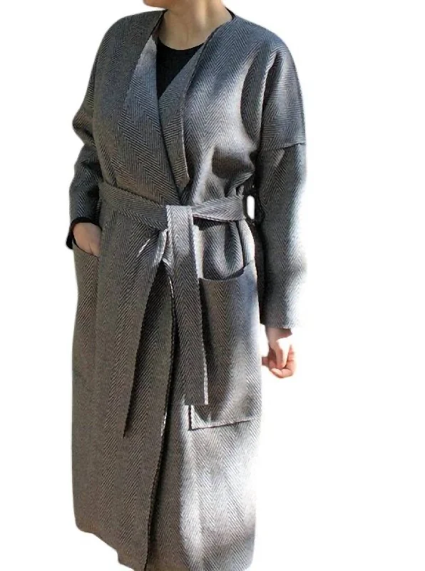 Belted Tie Coat In Herringbone Pattern In Light Grey Trendy Women's 