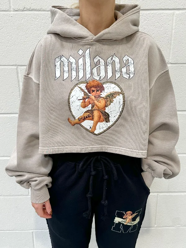 Washed Taupe Cherub Cropped Heavyweight Hoodie. Refined Women's Velvet
