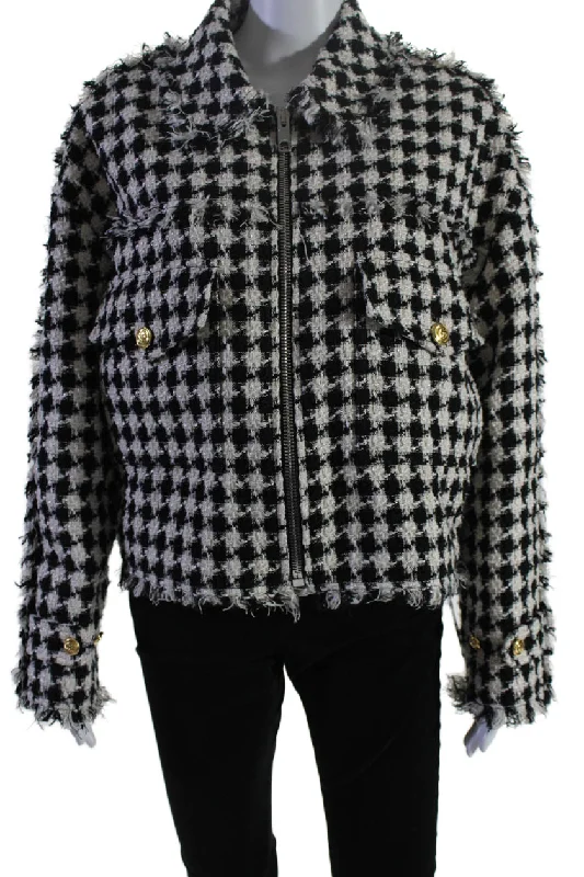 Gucci Womens Front Zip GG Pocket Fringe Plaid Knit Jacket Black White Unique Women's Upcycled