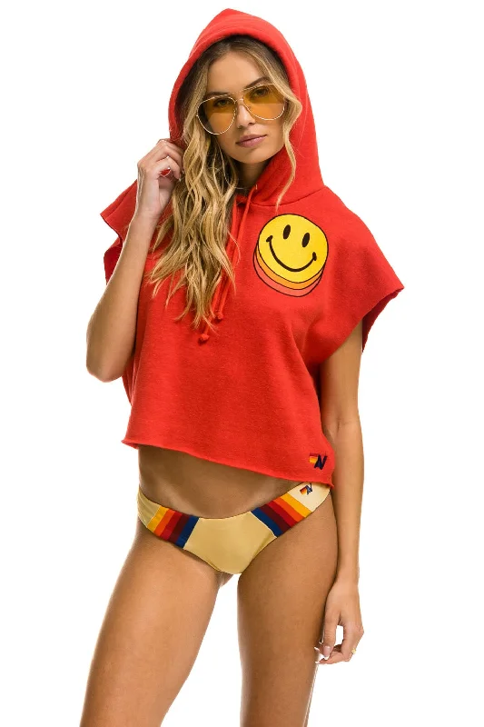 SMILEY SUNSET SLEEVELESS RELAXED CROPPED PULLOVER HOODIE - RED Casual Women's Japanese 