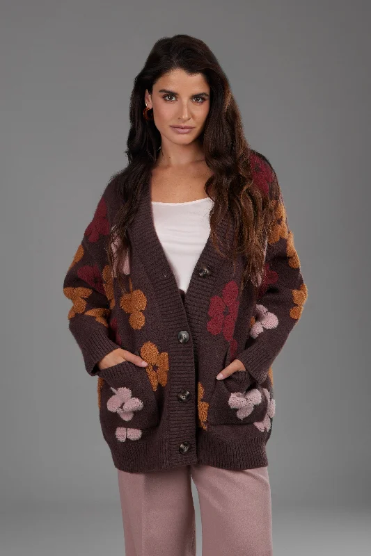 Floral Knit Cardigan In Brown Relaxed Women's Beachy