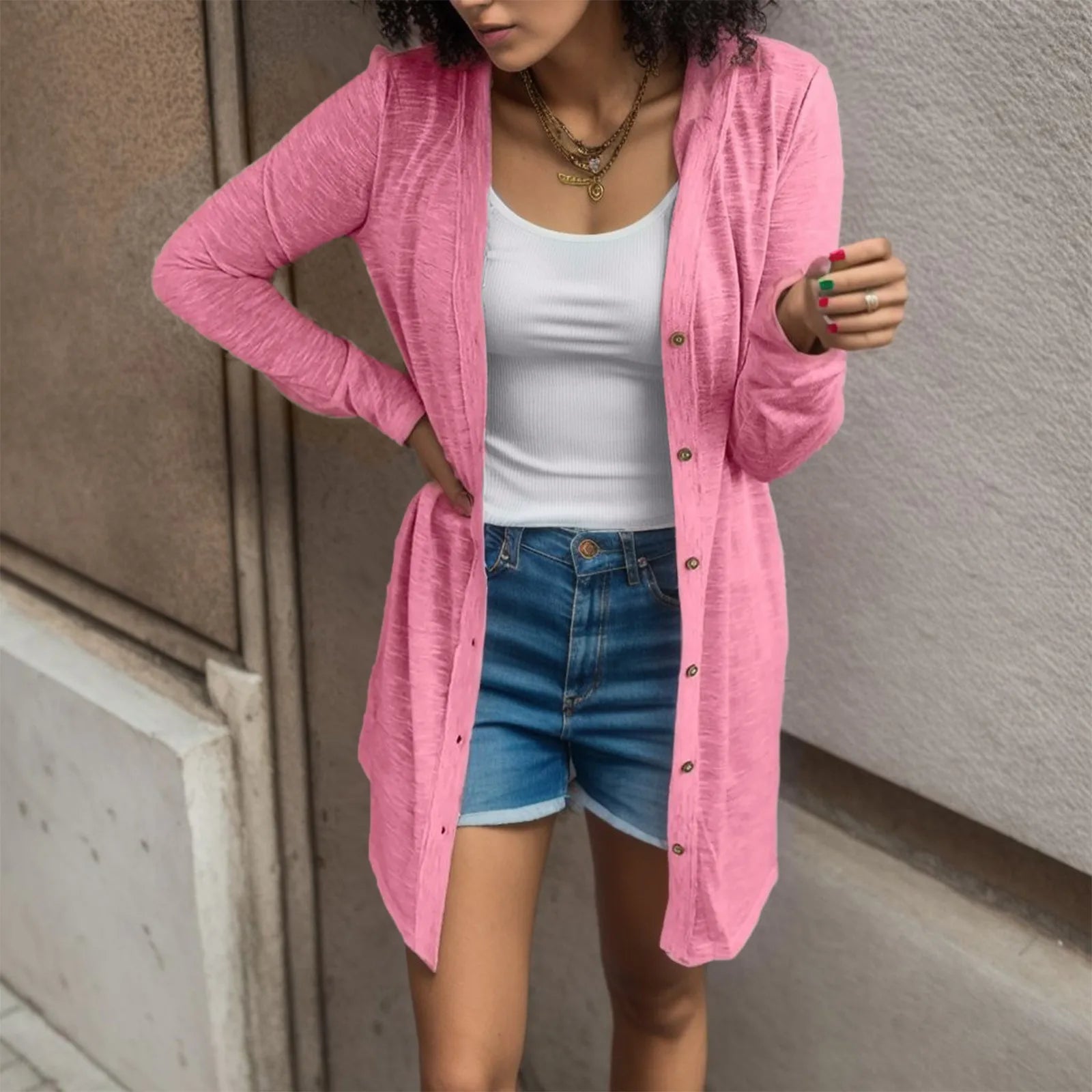 Solid-color casual long-sleeve Korean fashion elegant spring-summer trendy Cardigans Casual Women's Loose - fitting