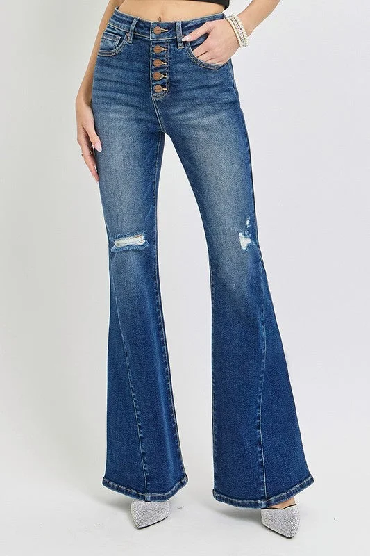 RISEN Distressed Button-Fly Flare Jeans Hip Women's Retro