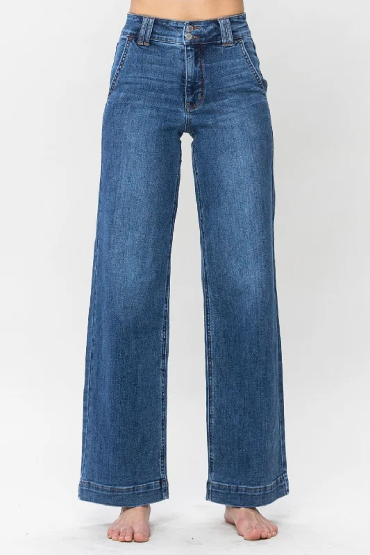 Judy Blue Full Size Double Button Wide Leg Jeans Refined Women's Hand - crafted