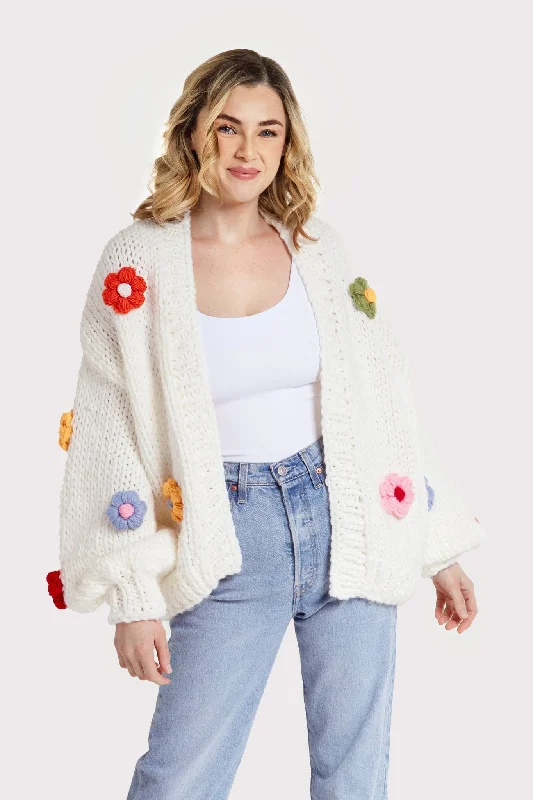 Floral Knitted Appliqué Cardigan Monochromatic All - in - one