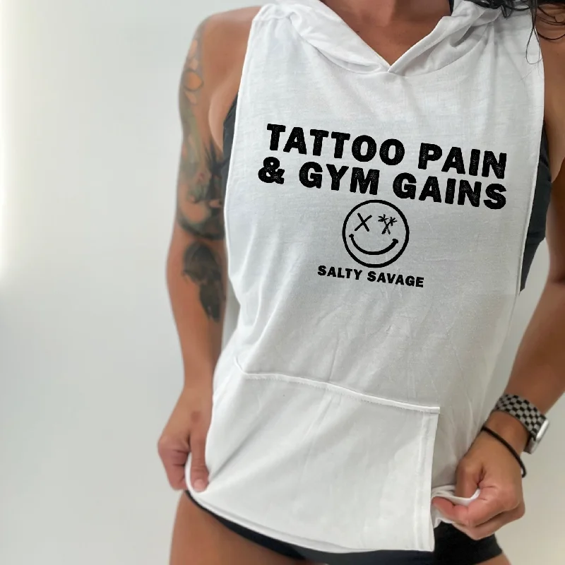Salty Savage Unisex "TATTOO PAIN & GYM GAINS" Sleeveless Muscle Tank Hoodie Dapper Women's Bow - adorned