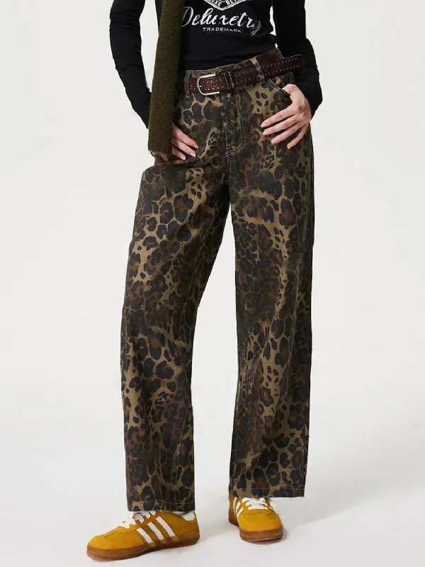 Leopard Straight Jeans with Pockets Edgy Women's Punk