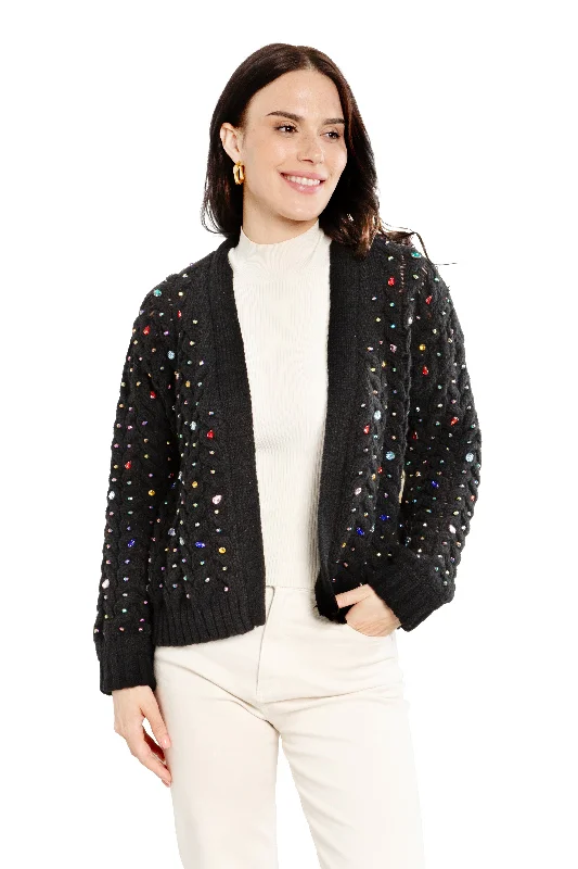 Cable Knit Cardigan Gemstone Pattern Cozy Women's Sherpa - lined