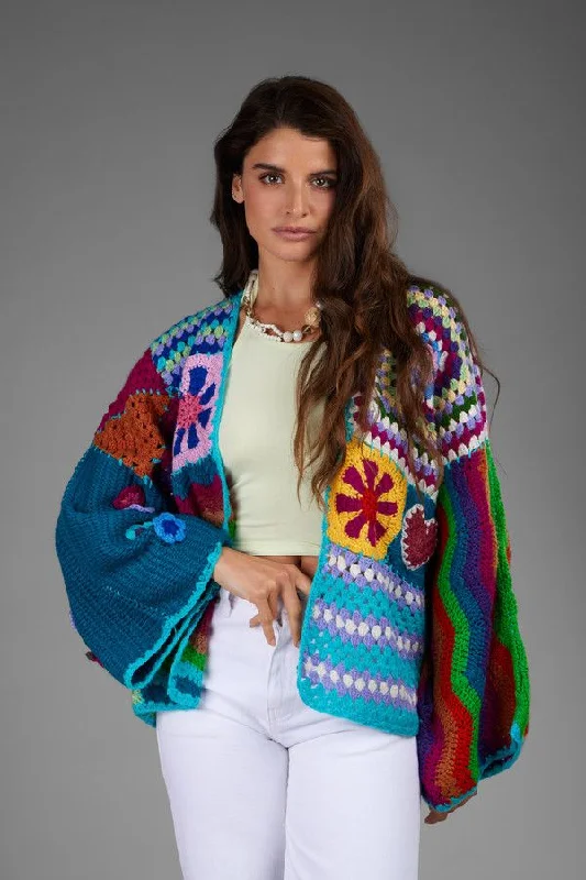 Vibrant Multi Pattern Crochet Cardigan Geometric
