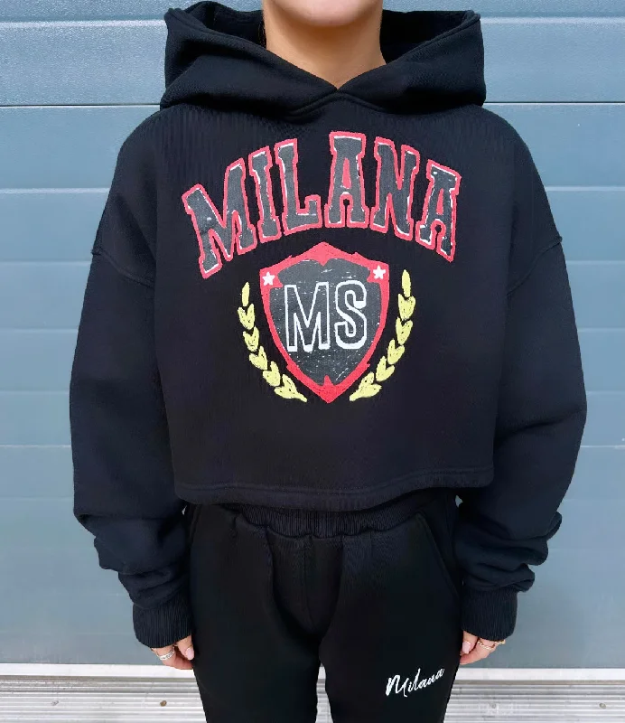 Black Crest Cropped Heavyweight Hoodie. Cool Women's Skate