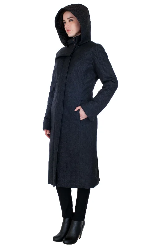 Hooded Mock Neck Zip Maxi Coat w/ Thinsulate Quilted Liner/ Charcoal Black Twill Wool Texture Cashmere