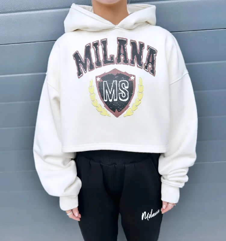Cream Crest Cropped Heavyweight Hoodie. Trendy Women's 