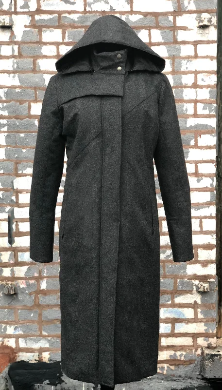 Hooded Mock Neck Zip Maxi Coat w/ Thinsulate Quilted Liner/ Charocal Storm Wool Confident Women's Power