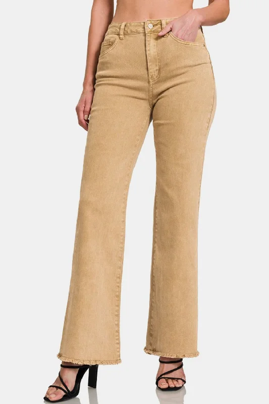 Zenana Acid Washed Frayed Hem Bootcut Jeans Trendy Women's Oversized