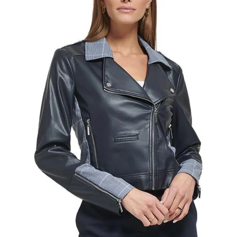 Womens Plaid Trim Long Sleeve Motorcycle Jacket Cool Women's Distressed