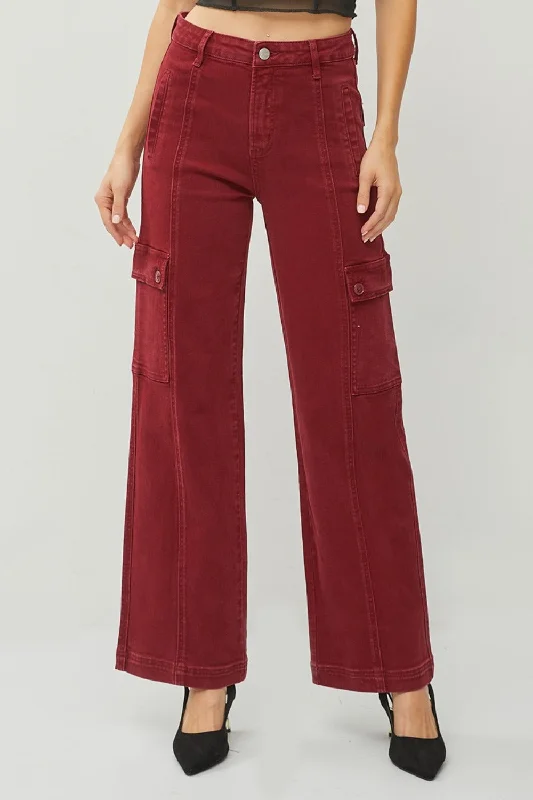 RISEN Full Size High Rise Wide Leg Cargo Jeans Feminine Women's Soft 