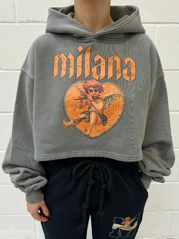 Washed Charcoal Cherub Cropped Heavyweight Hoodie. Modern Women's 