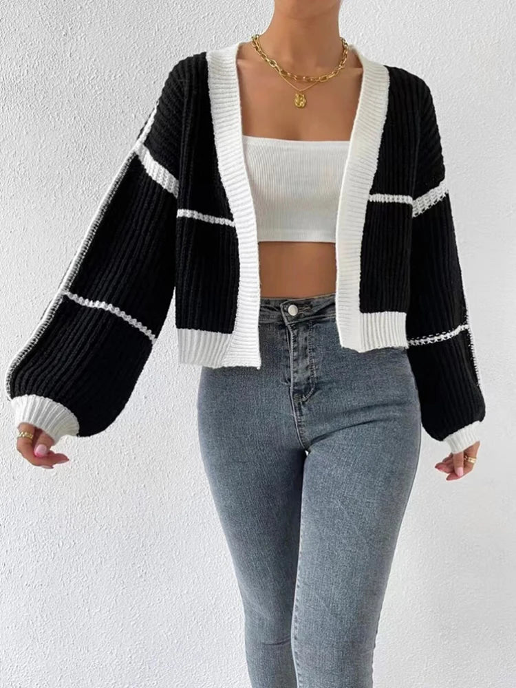 Cropped V-neck knitted color-contrast long-sleeve fashionable cozy plus-size Cardigans Polished Women's Silk