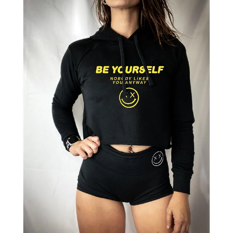Salty Savage Ladies "Be Yourself Nobody Likes You Anyway" Cropped Hoodie | Black/Yellow Dapper Women's 1920S Salty Savage Ladies "Be Yourself Nobody Likes You Anyway" Cropped Hoodie | Black/Yellow Dapper Women's 1920S