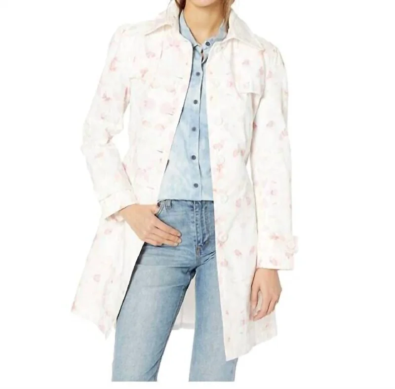 Floral Print Spring Poplin Trench Coat In Pink, White Casual Women's Japanese 