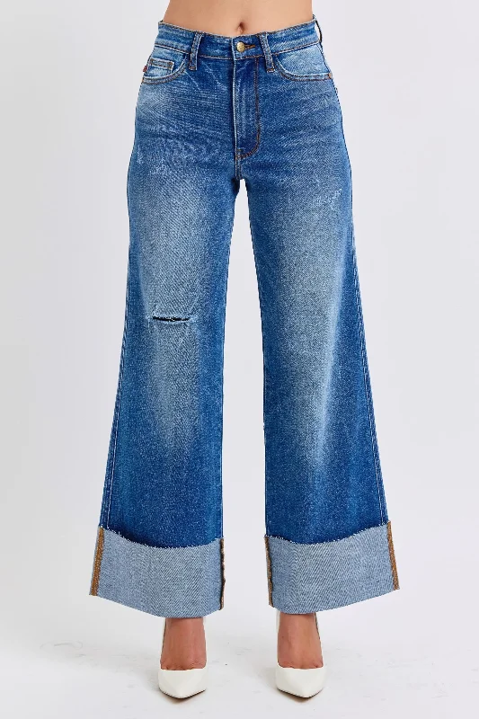 Judy Blue Full Size Distressed High Waist Wide Leg Jeans Cozy Women's Winter