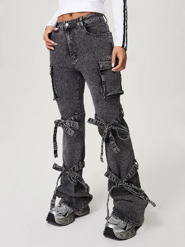 Bow Tied Mid Rise Jeans with Cargo Pockets Athletic Women's 