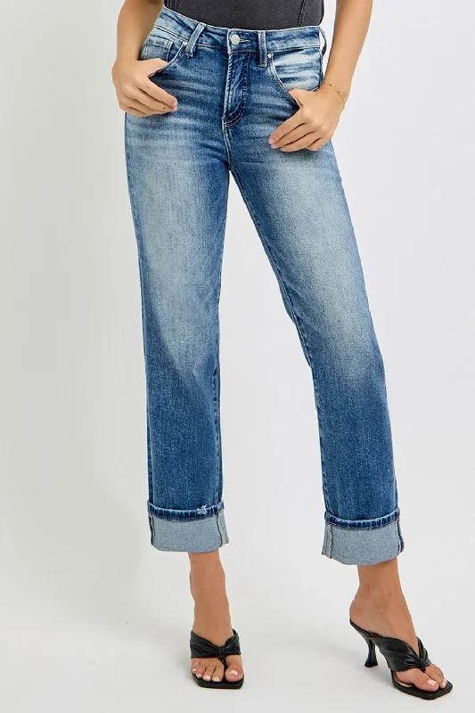 RISEN Full Size High Rise Crop Straight Roll Up Jeans Cool Women's Distressed
