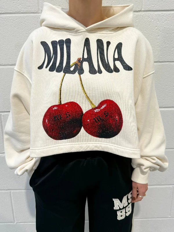 Cream Cherry Cropped Heavyweight Hoodie. Artistic Women's Hand - painted
