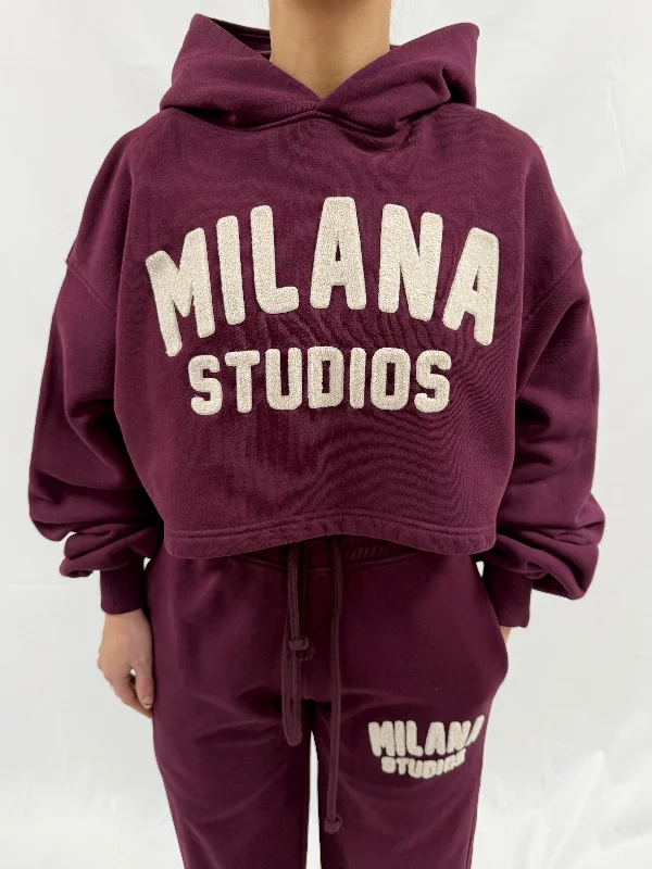 Deep Burgundy Teddy Heavyweight Cropped Hoodie. Bold Women's Statement