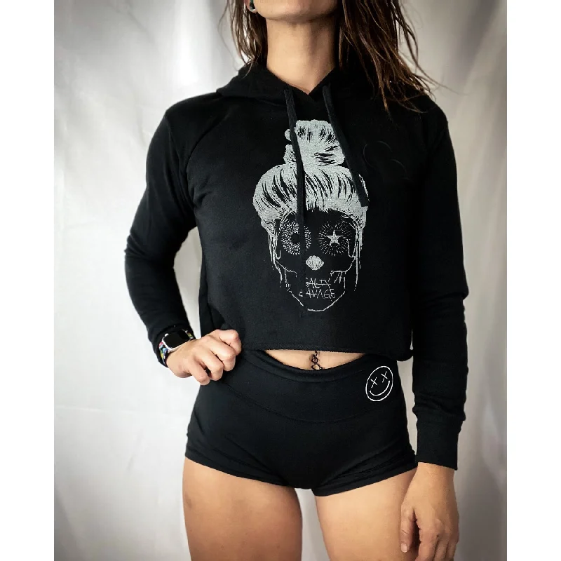 Salty Savage Ladies “Messy Bun Skull” Cropped Hoodie | Black Preppy Women's College