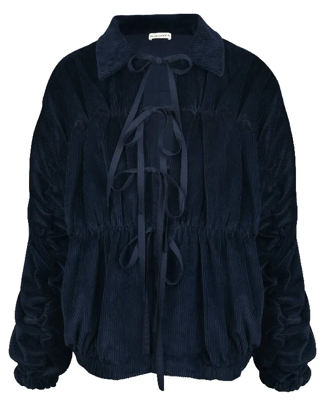 Ruche Tie Jacket - Navy Corduroy Luxurious Women's High -  end