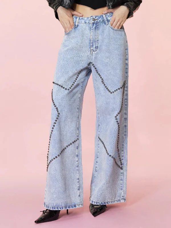 Studded Star Straight Jeans with Pockets Traditional Women's Wool