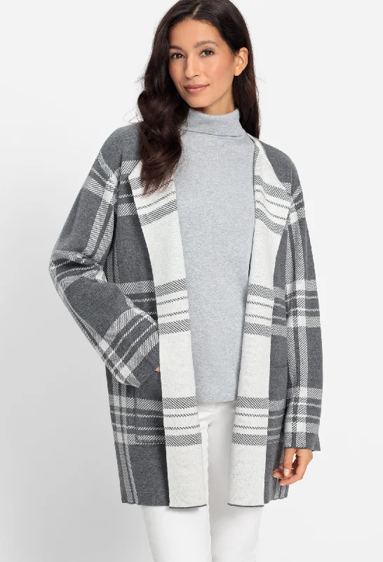 Long Sleeve Check Cardigan Classic Women's Pin - striped