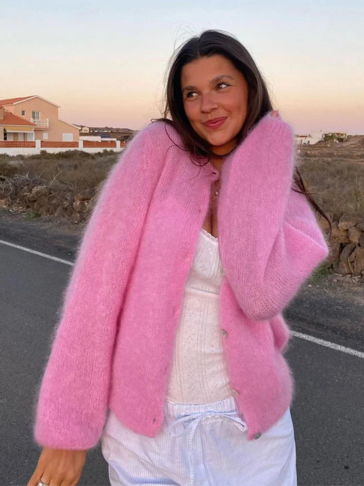 Sweet elegant chic mohair knitted long-sleeve single-breasted stylish Cardigans Monochromatic All - in - one