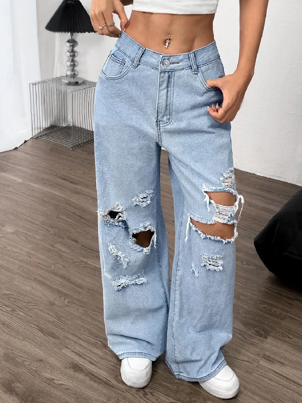 Distressed Wide Leg Jeans with Pockets Modern Women's Tech