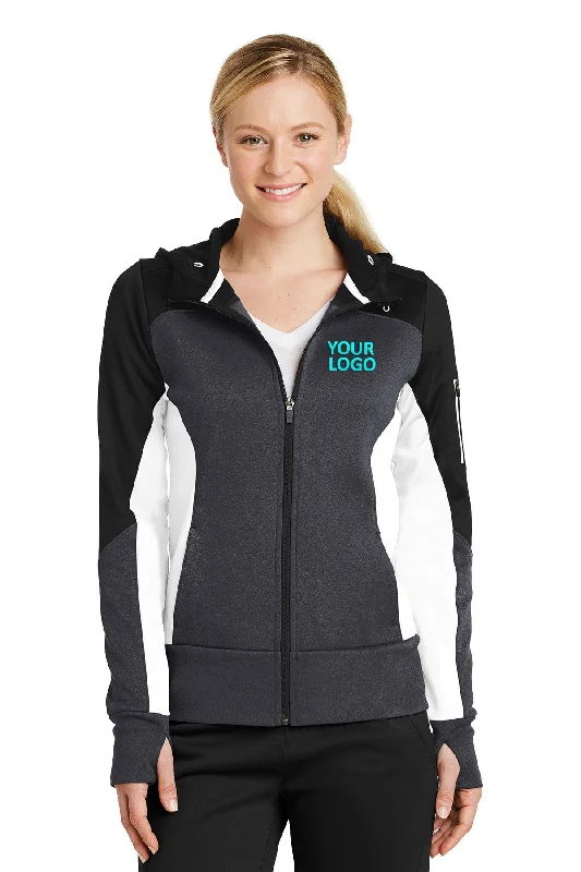 Sport-Tek Ladies Tech Fleece Colorblock Customized Full-Zip Hooded Jackets, Black/ Graphite Heather/ White purpose