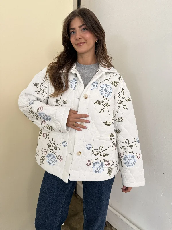 Lucy White Embroidered Quilted Jacket Traditional Women's Wool