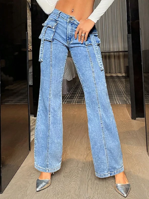 Mid Rise Straight Jeans with Cargo Pockets Elegant Women's 