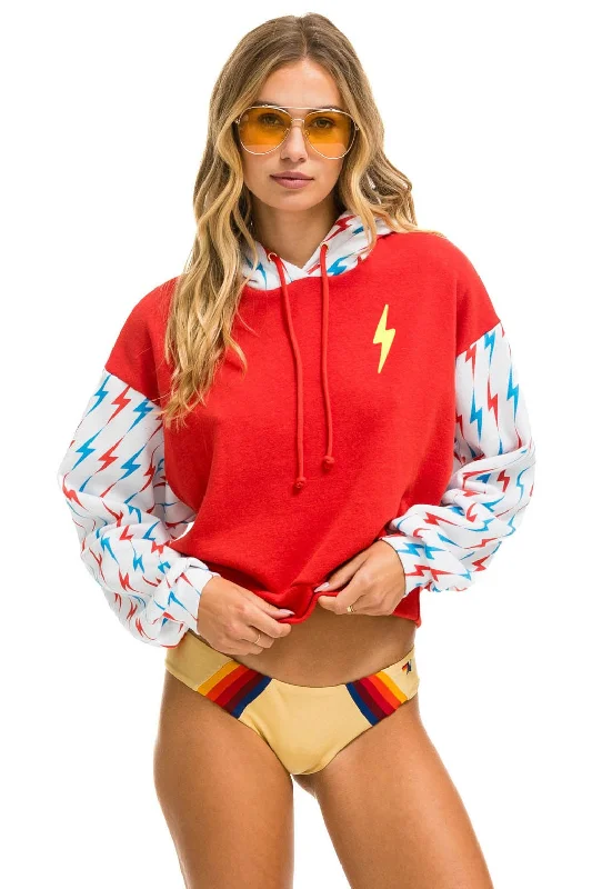 AVIATOR BOLT COLOR BLOCK W/ BOLT EMBROIDERY RELAXED CROPPED PULLOVER HOODIE - RED // USA Earthy Women's Hemp - based