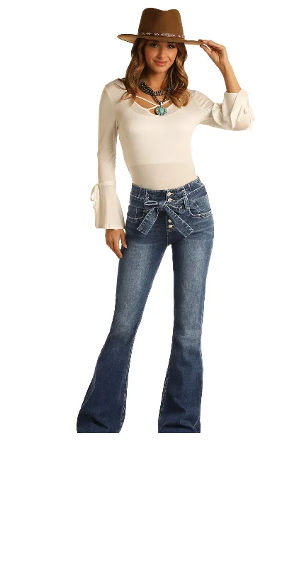Women's High-Rise Flare Jeanswith Self Belt WHN6117 Modern Women's 