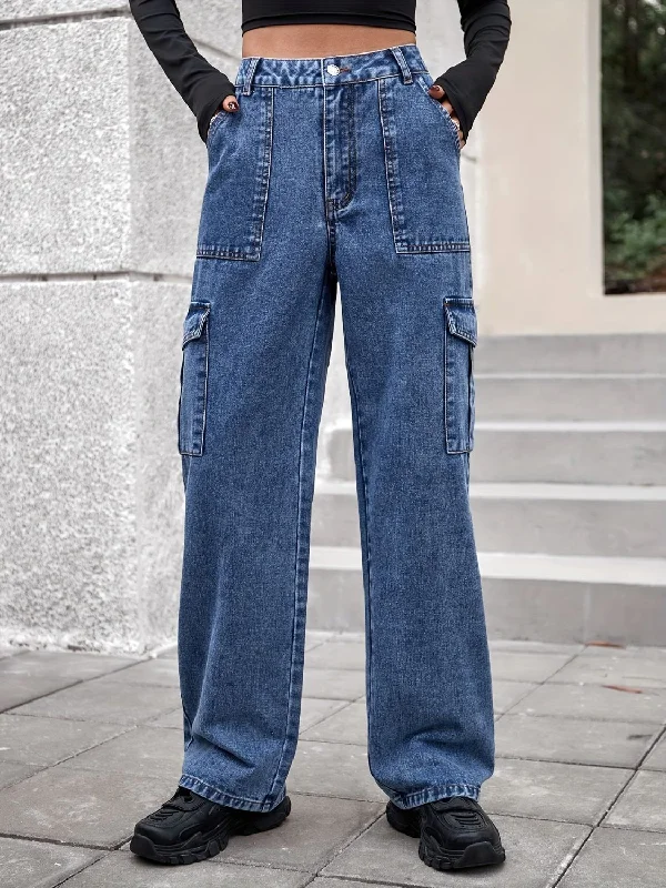 High Rise Straight Jeans with Cargo Pockets Casual Women's Japanese 