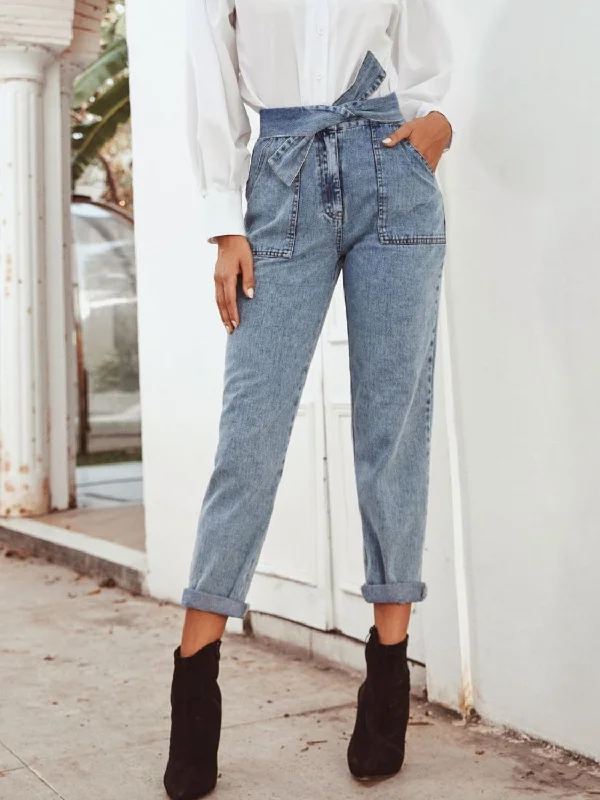 Tied Straight Leg Jeans with Pockets Youthful Women's Pop