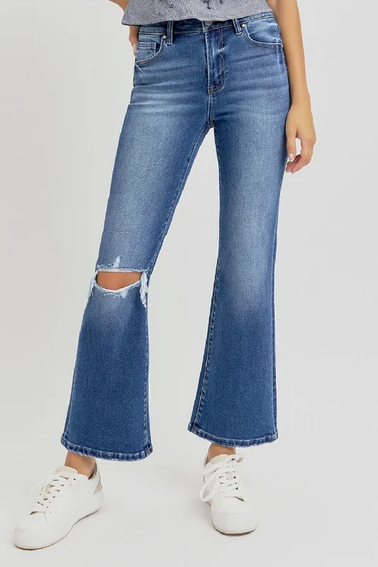 RISEN Full Size Distressed High Rise Crop Flare Jeans Laid - back Women's Vibe