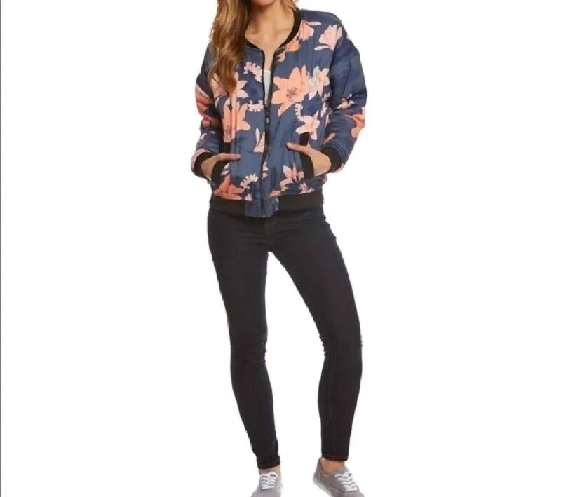 Floral Print Bomber Zip Up Puff Jacket In Blue, Pink Feminine Women's Style 