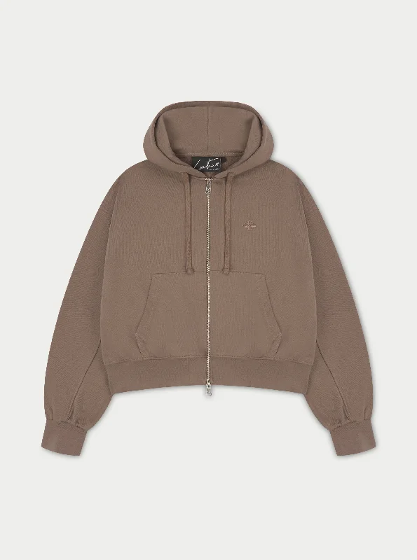 EMBLEM ZIP THROUGH RELAXED HOODIE - BROWN Dapper Women's Bow - adorned