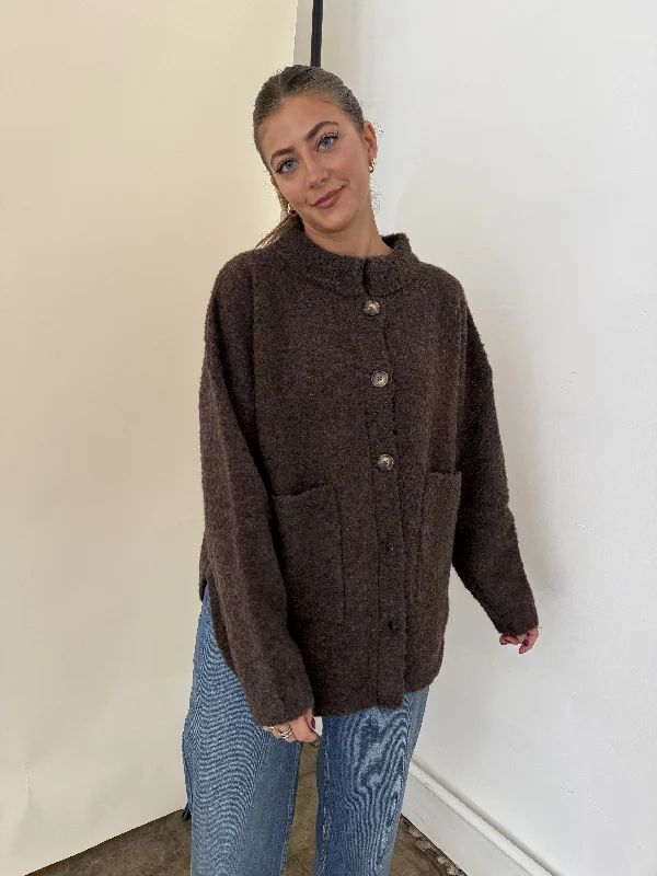 Madison Brown Fuzzy Knit Buttoned Cardigan Jacket Contemporary 