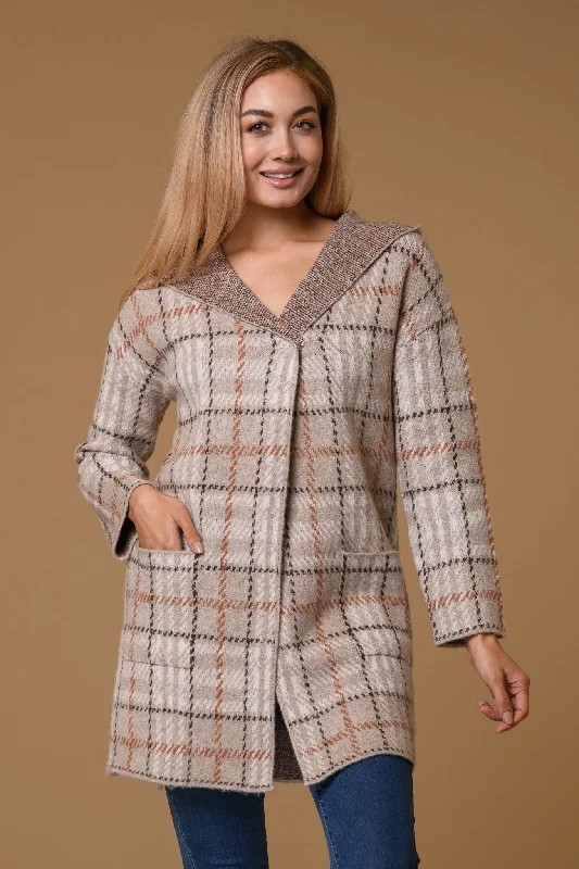 Check Hooded Cardigan- Beige Disco