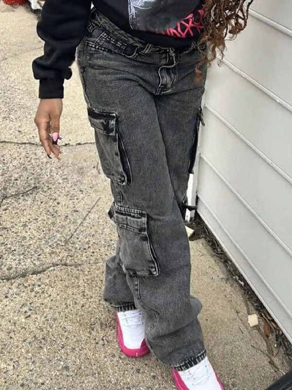 Washed Jeans with Pockets Edgy Women's Punk