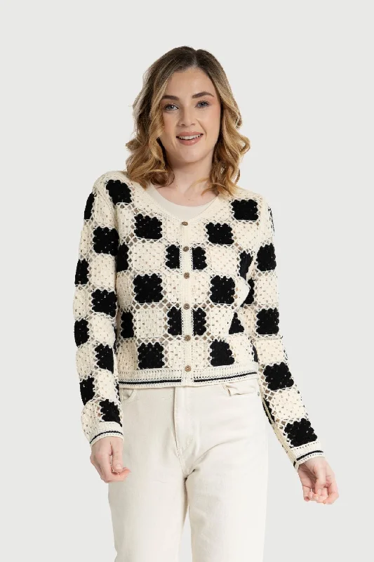 Checkered Crochet Cardigan Luxurious Women's High -  end
